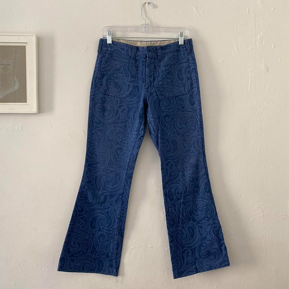 vintage 1970s paisley blue denim flared trousers